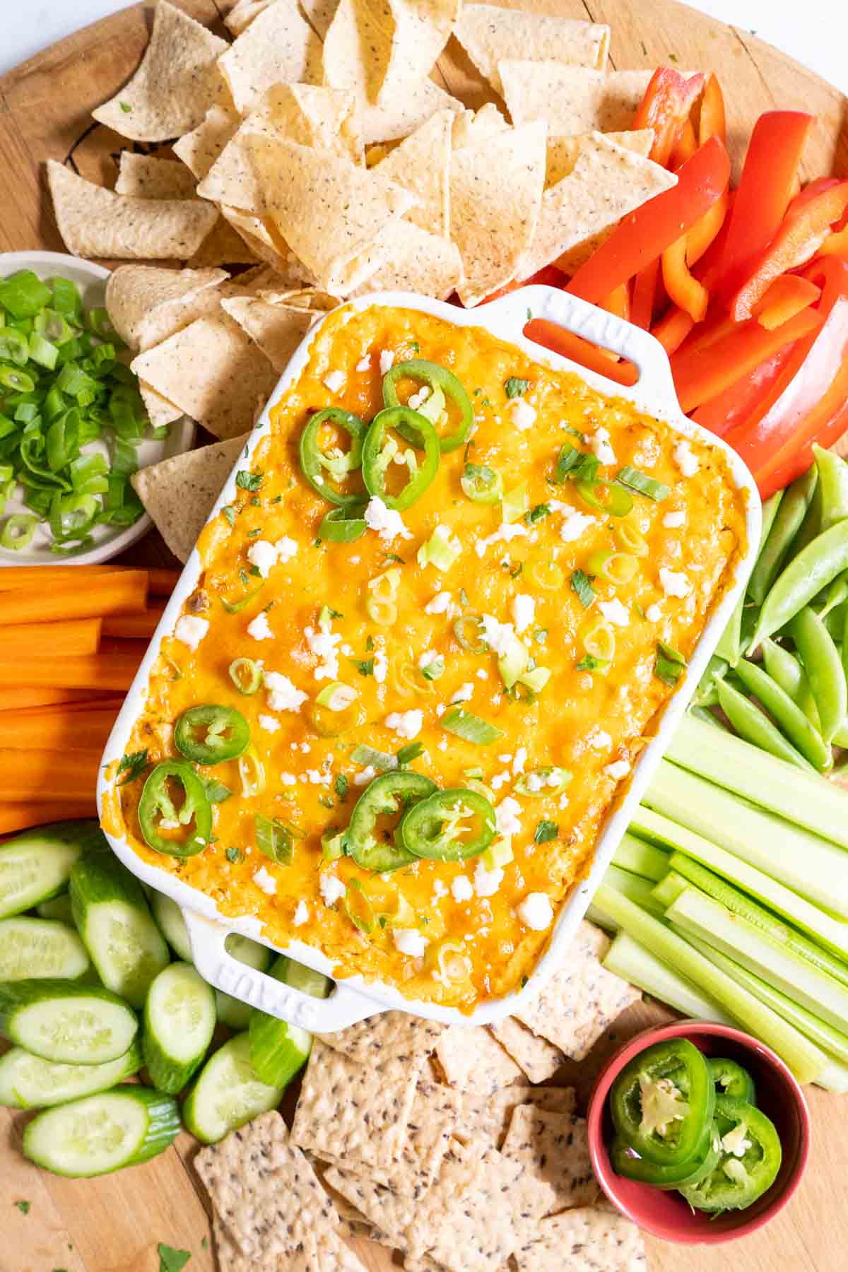 The classic party dip made lighter with Greek yogurt and low-fat cream cheese. Serve with celery, carrots, or cucumber slices for a healthy twist on a fan favorite.