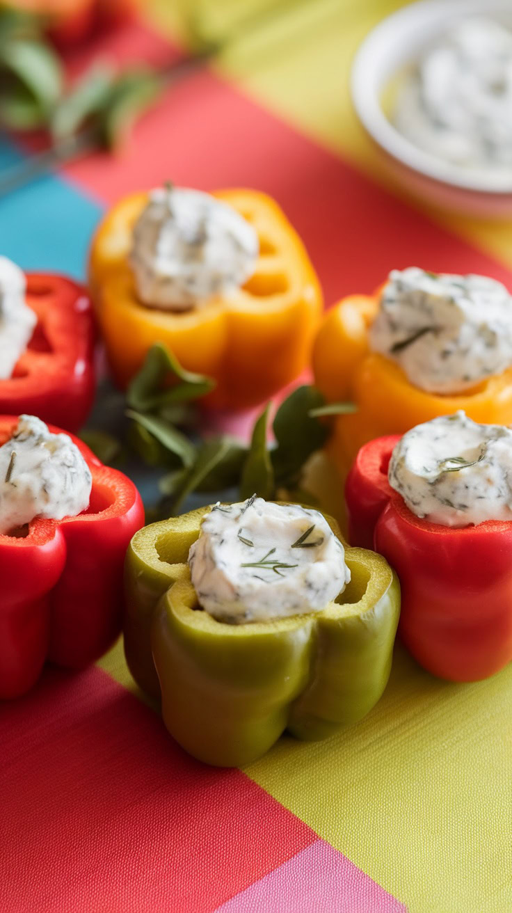 These herbed cream cheese stuffed peppers are a total crowd-pleaser. Bright colored peppers filled with smooth, creamy cheese and fragrant herbs make for a tasty treat. They are easy to make and perfect for sharing at your bake sale!