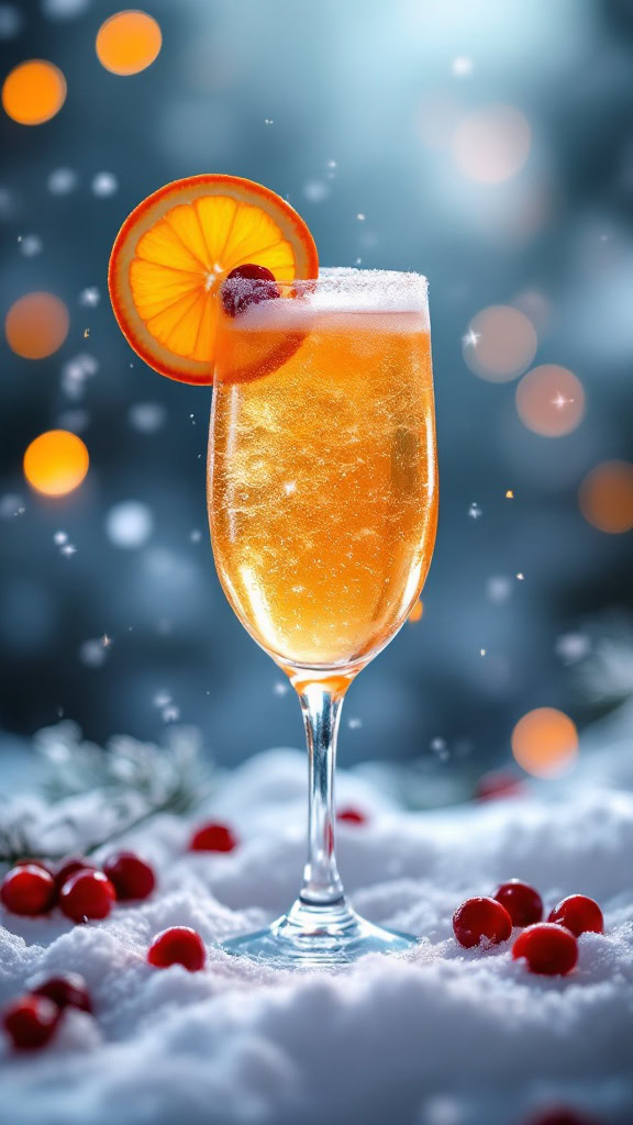 The Holiday Orange Juice Mocktail is a festive drink that brings cheer to any gathering. Imagine a sparkling glass filled with a warm orange hue, garnished with a bright orange slice and a cherry. The drink captures the spirit of the season, making it perfect for a Christmas party or a baby shower.