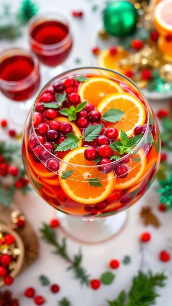 When it comes to festive gatherings, a vibrant holiday punch can really set the mood. The image showcases a beautiful bowl filled with colorful fruits like oranges and cranberries, floating in a refreshing mixture. This punch is not just visually appealing, but it also tastes delightful.