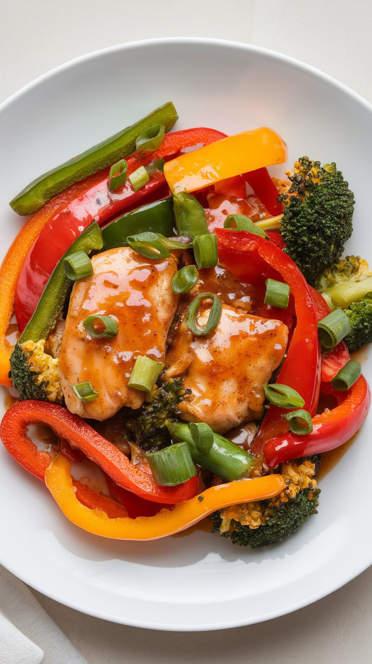 A bowl of honey garlic chicken stir-fry with colorful bell peppers, broccoli, and green onions.