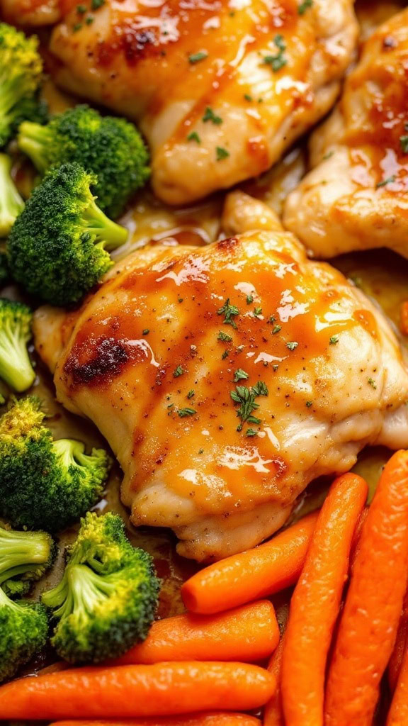 Honey garlic chicken thighs with broccoli and carrots on a sheet pan.