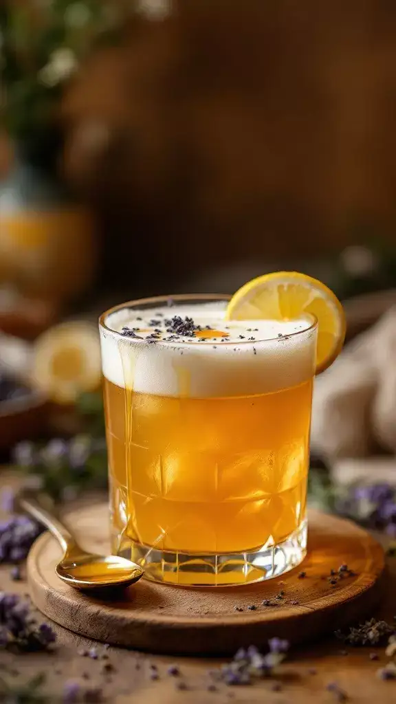 Get ready to sip on something special with this Honey Lavender Whiskey Sour. The sweet honey and fragrant lavender blend perfectly with the whiskey, creating a refreshing drink thatโs ideal for a girls' night in. Garnish with a lemon slice and some extra lavender for a charming touch!