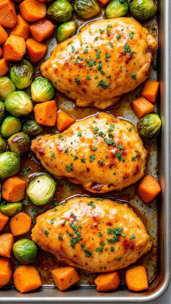 This honey mustard chicken is perfect for a stress-free meal. Paired with roasted Brussels sprouts and sweet potatoes, it’s both tasty and easy to make. Just pop everything on a sheet pan and let the oven do the work!