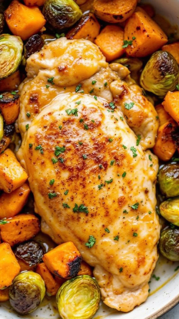 This Honey Mustard Sheet Pan Chicken is perfect for a cozy dinner. The chicken is juicy and pairs wonderfully with roasted Brussels sprouts and sweet potatoes. 