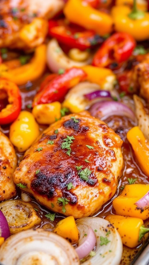 These Honey Sriracha Chicken Fajitas are a quick and tasty meal for those busy nights. Just toss chicken, colorful peppers, and onions on a sheet pan and let the oven do the work. The sweet and spicy sauce adds a punch of flavor that everyone will love!