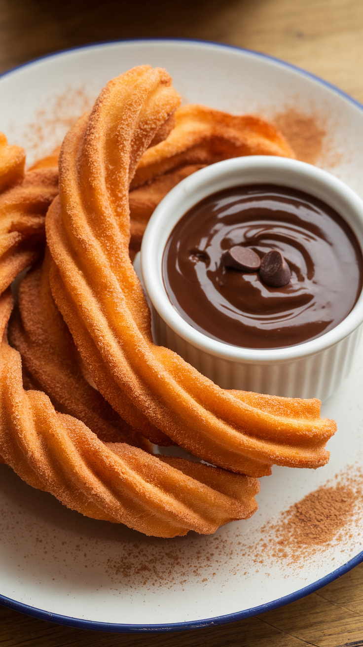 A plate of churros with chocolate sauce