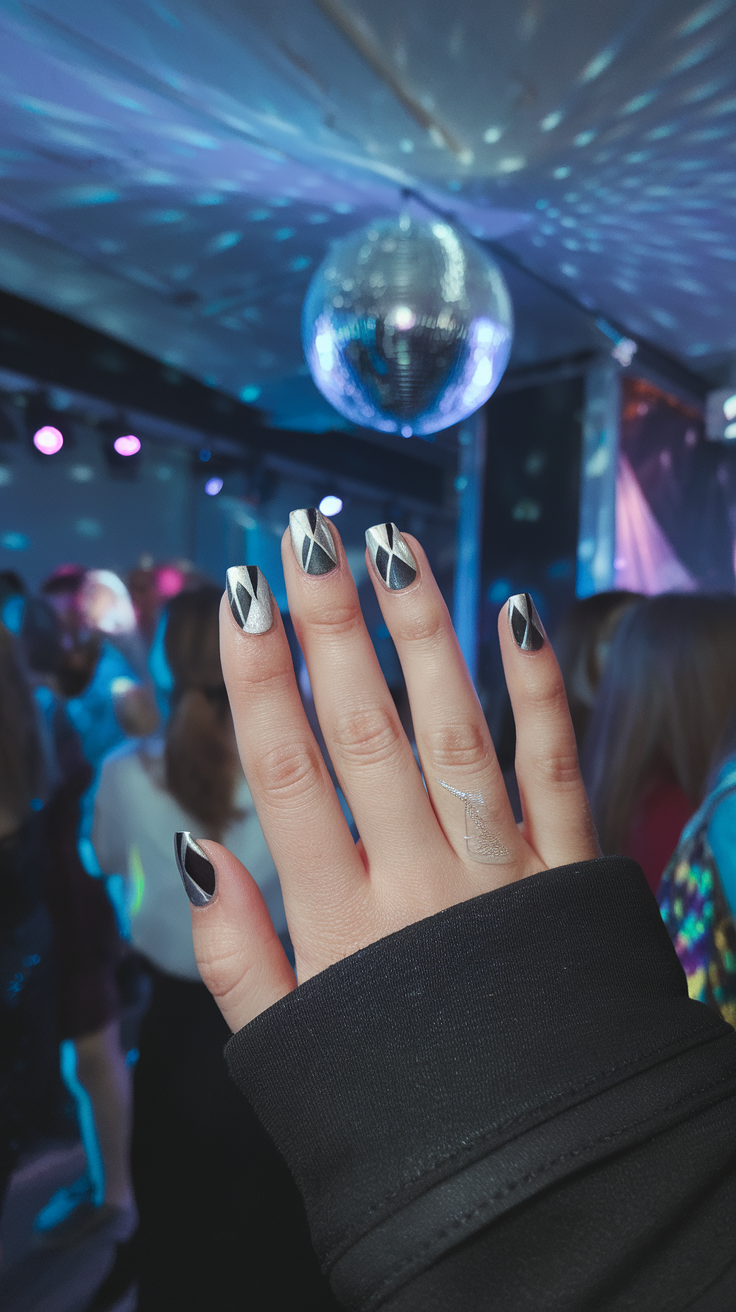 The geometric nail art shown here is a fun twist on classic designs. Silver and black come together to create a bold and eye-catching look. It’s perfect for a night out, especially with a disco ball in view!