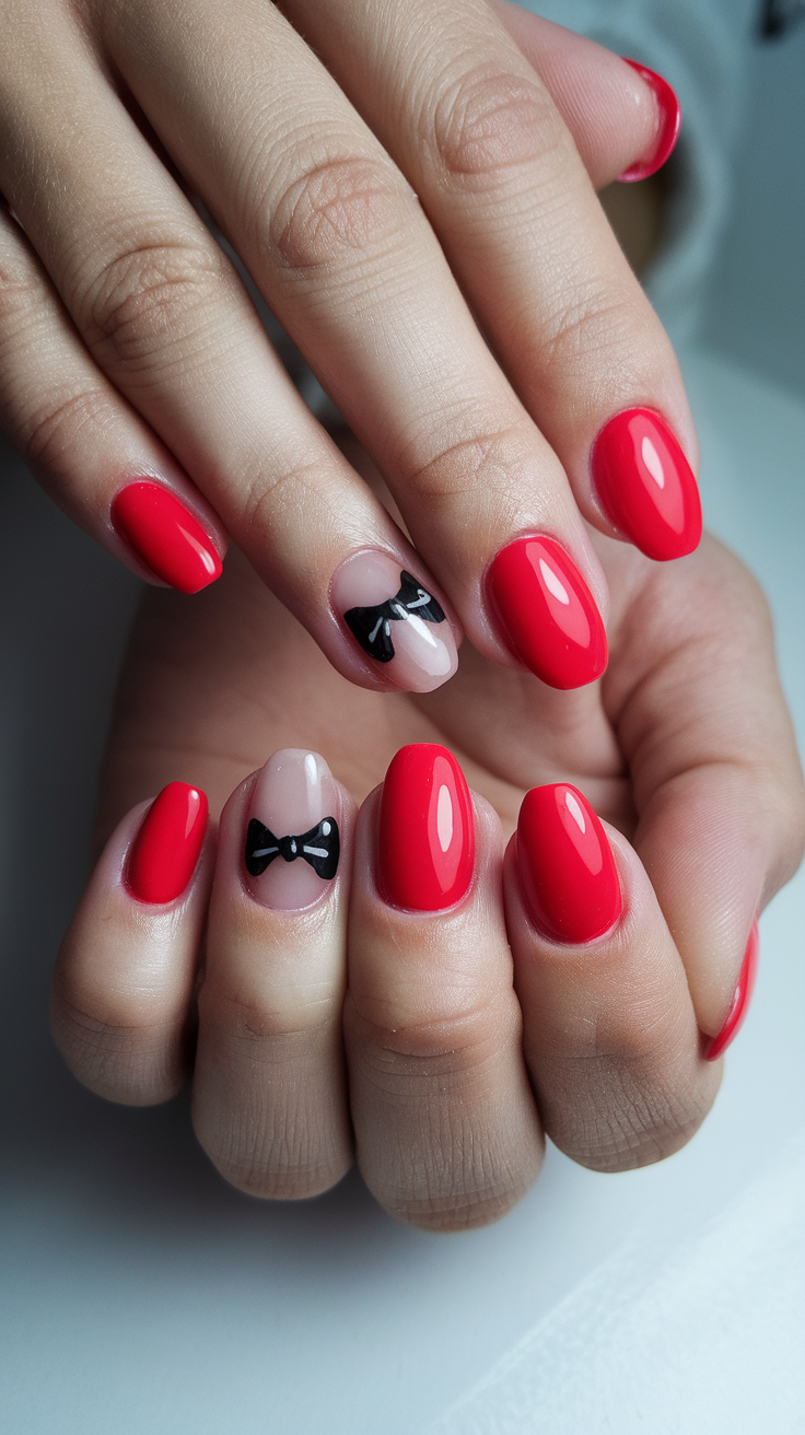 This lovely red nail set adds a pop of color to any outfit. The little black bows give it a charming touch that feels festive and fun. Whether you're hosting a party or just enjoying a cozy night in, these nails are sure to catch the eye!