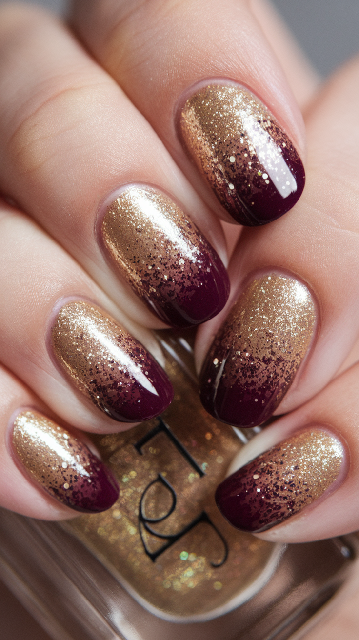 This ombre nail look combines rich burgundy and sparkling gold for a stunning effect. The gradient adds depth and flair, making it perfect for any occasion. Whether you're hitting a party or just want to feel fabulous, these nails are sure to catch some eyes!