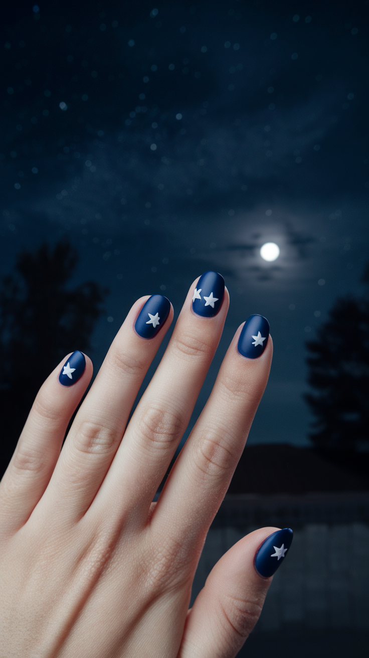 The midnight blue nails catch the eye with their starry designs. It’s a fun way to bring a bit of the night sky to your fingertips. Perfect for any occasion, these nails will definitely make you shine!