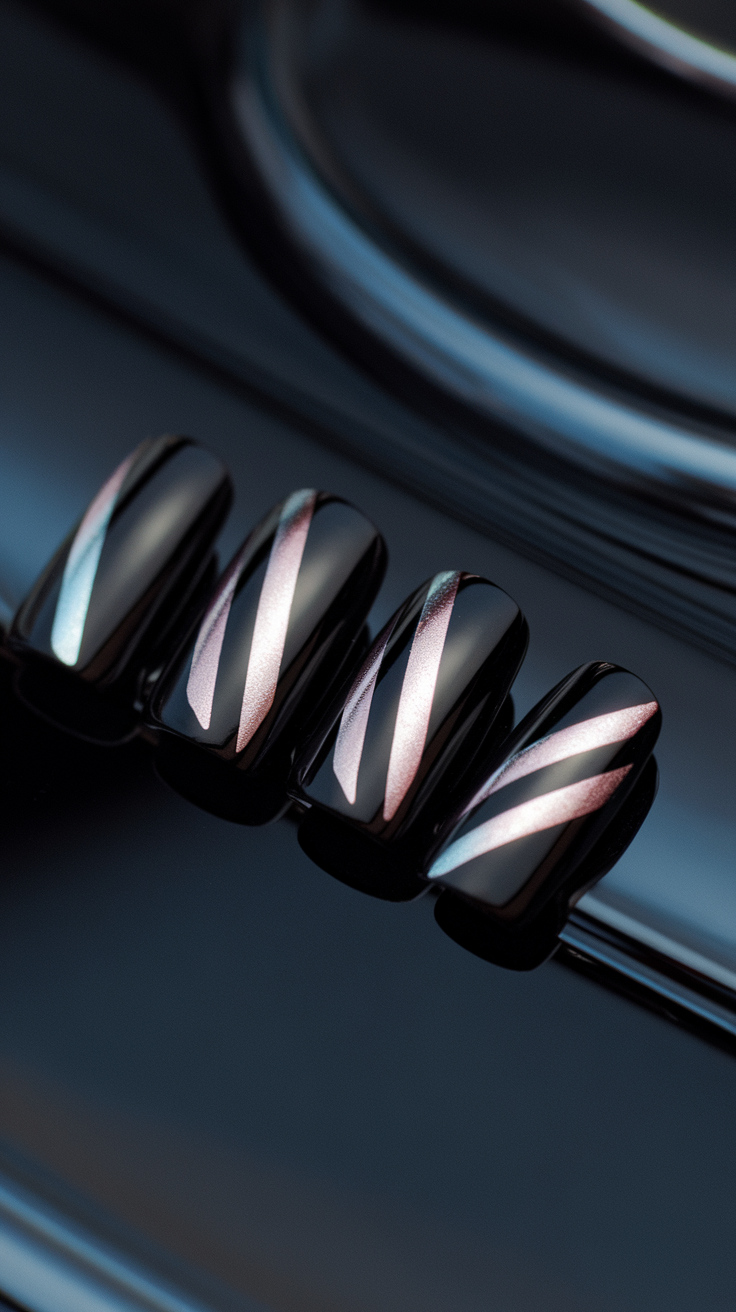 Check out these nails with bold black and metallic stripes! The shiny finish gives them a fun and stylish vibe. They’re perfect for anyone wanting to make a statement!