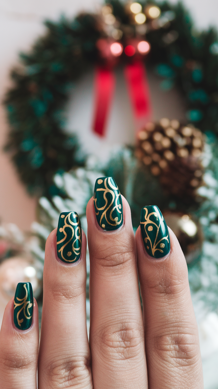 The green and gold swirls on these nails bring a fun holiday vibe. They perfectly capture the spirit of the season with their vibrant colors. It’s a simple way to add some festive flair to your look!