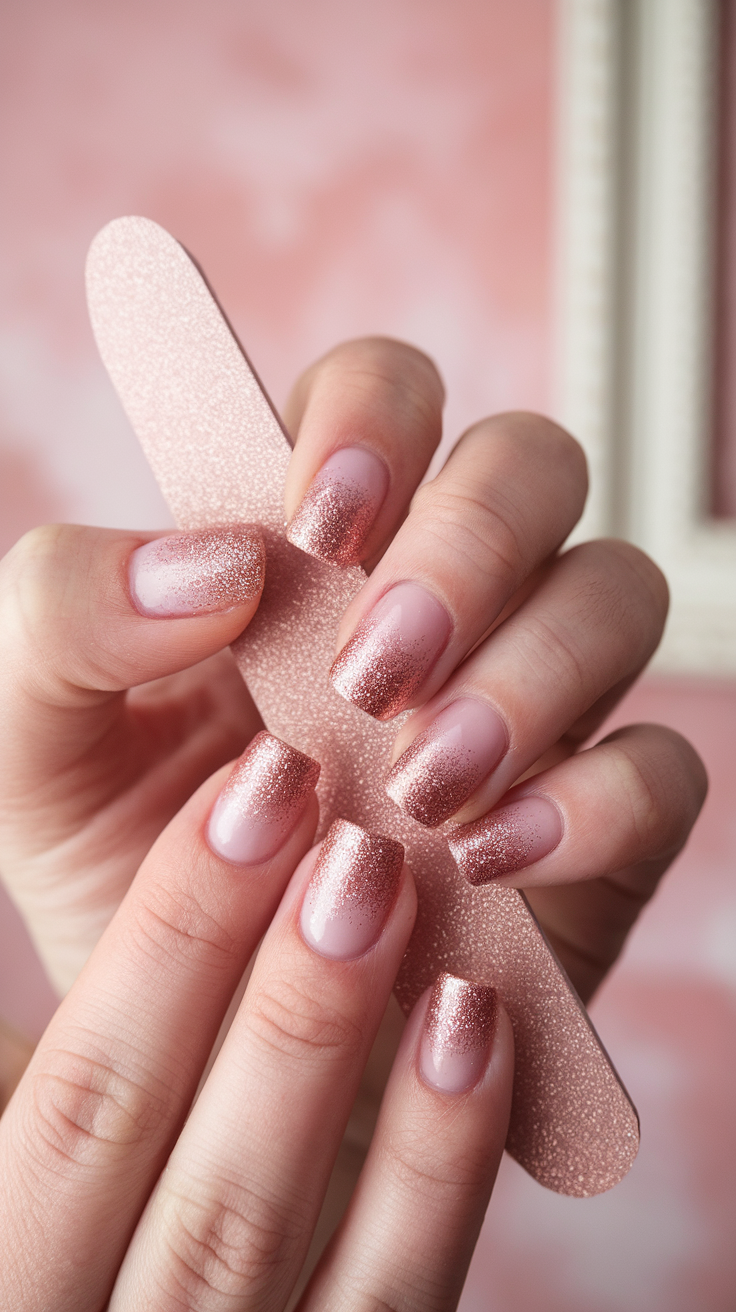 Rose gold glitter fade is a stunning trend that adds a touch of sparkle to any look. This style blends soft pink tones with shimmering glitter for a beautiful gradient effect. It’s perfect for a night out or just to feel a bit more fancy every day!