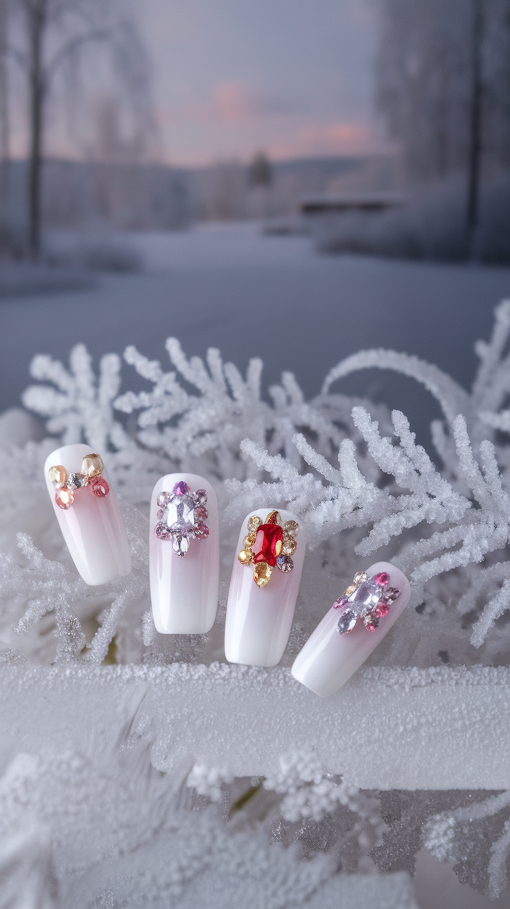 These nails look stunning with their frosted white finish and vibrant jewel accents. Each nail shines with a unique blend of colors, bringing a touch of sparkle to a wintery scene. Perfect for adding a pop of glamour to your look!