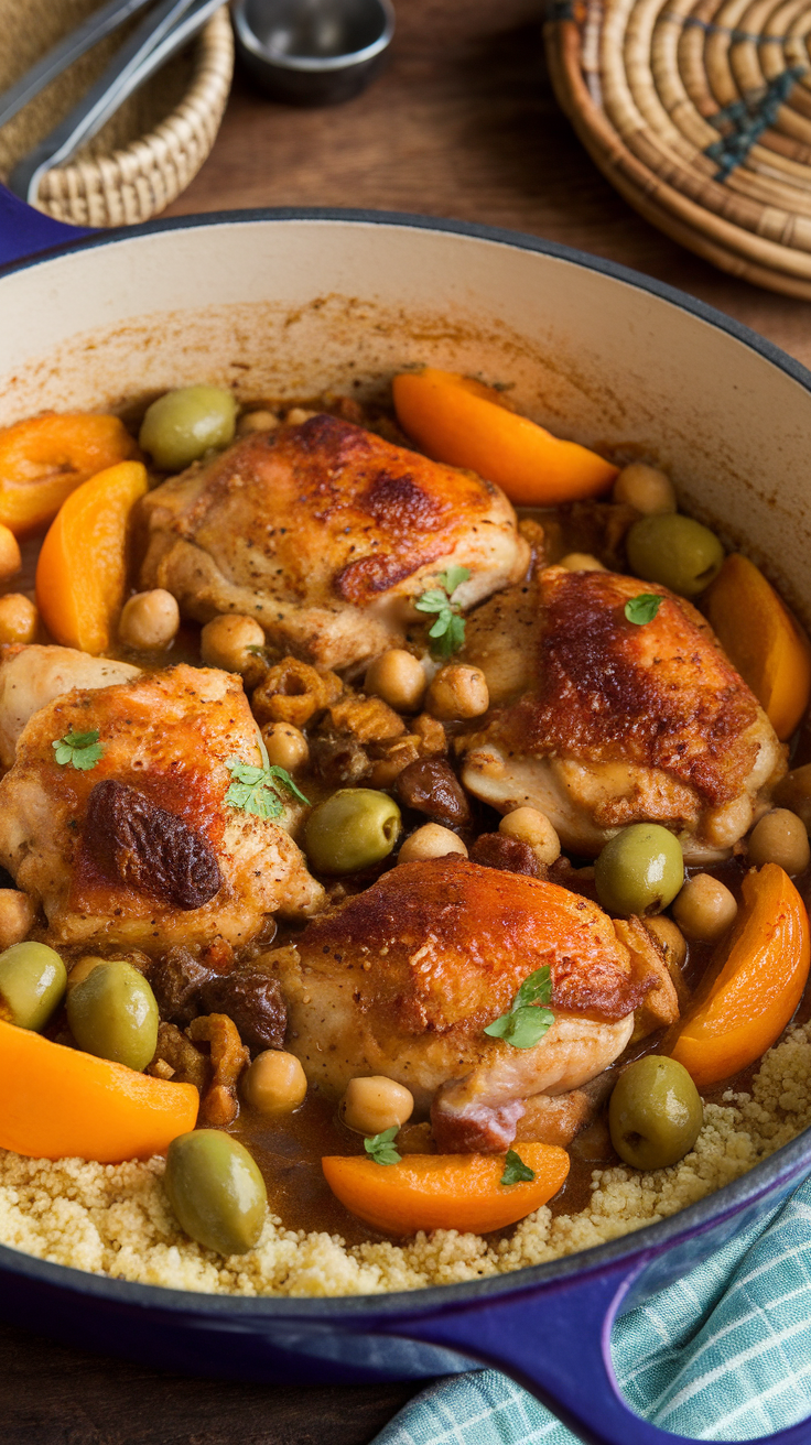 Moroccan Chicken Tagine is a dish bursting with flavor. The tender chicken pairs perfectly with olives and sweet apricots, creating a delightful mix of tastes. 