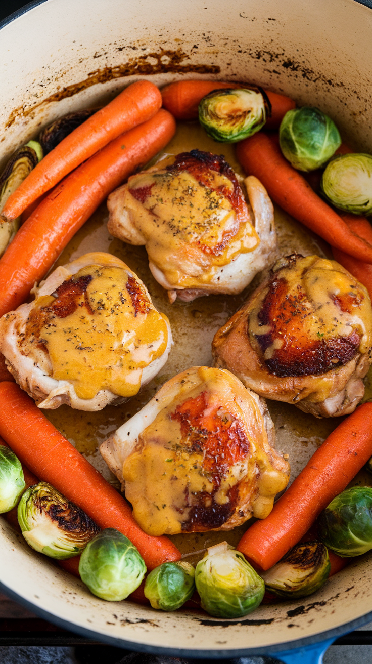 This Honey Mustard Chicken and Vegetables dish is simple and satisfying. The tender chicken pairs perfectly with the roasted carrots and Brussels sprouts, creating a colorful meal.