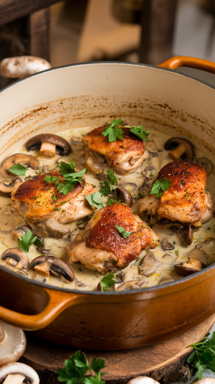 This creamy garlic chicken is a comforting dish that you'll want to make again and again. The tender chicken thighs are coated in a rich, creamy sauce with mushrooms that adds so much flavor.