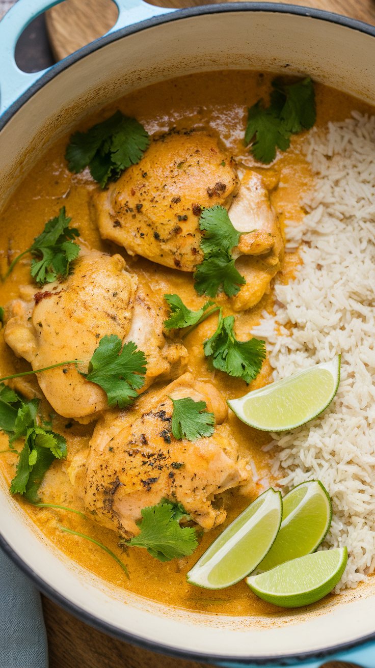 This Coconut Curry Chicken is a real treat for your taste buds. The creamy coconut sauce blends perfectly with tender chicken and spices to create a cozy meal. 