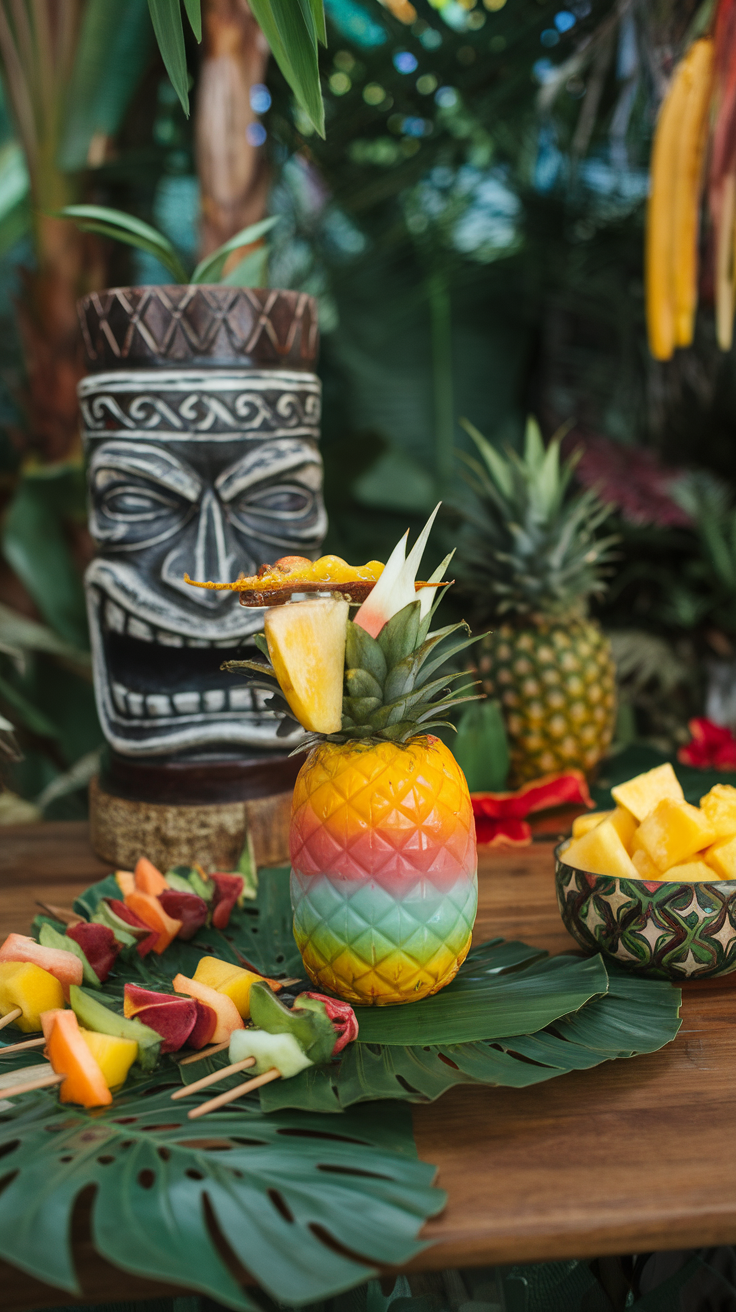 A vibrant Zombie cocktail garnished with fresh fruit, showcasing tropical colors and tiki theme.