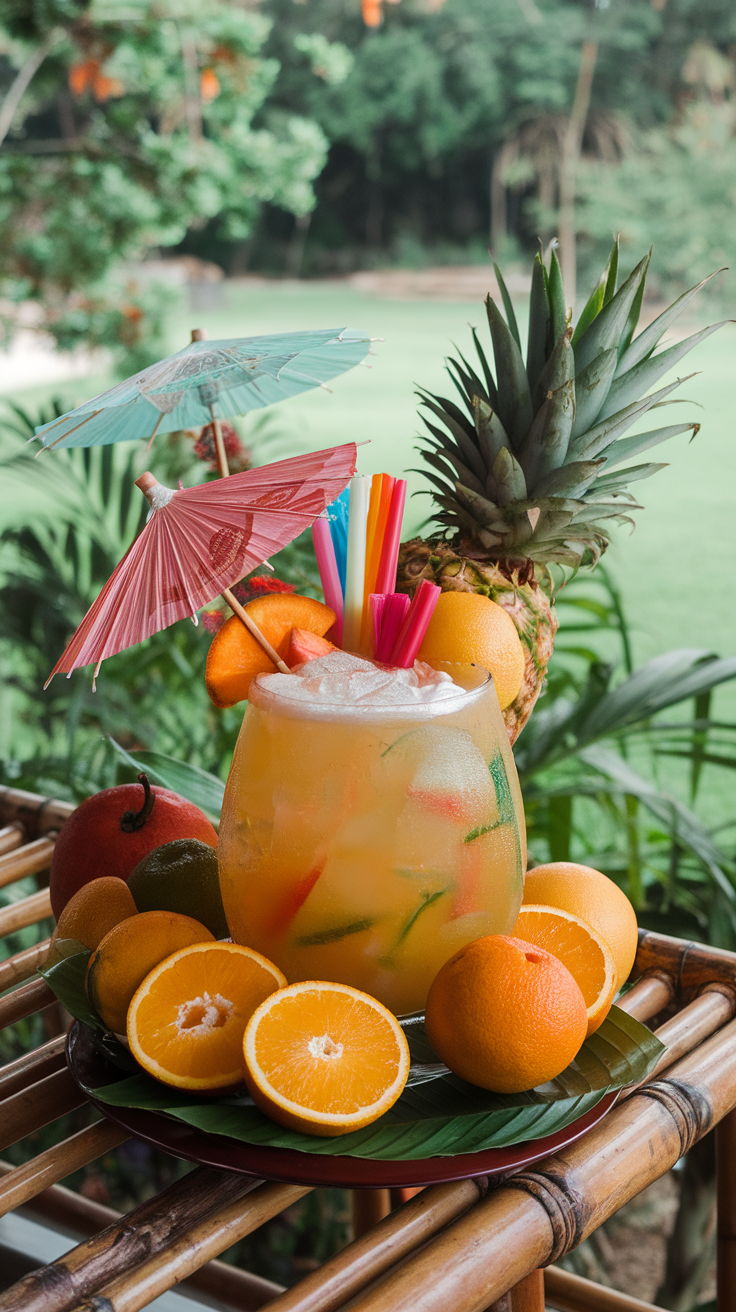 A vibrant Scorpion cocktail with orange slices and cherries, surrounded by tropical fruits.