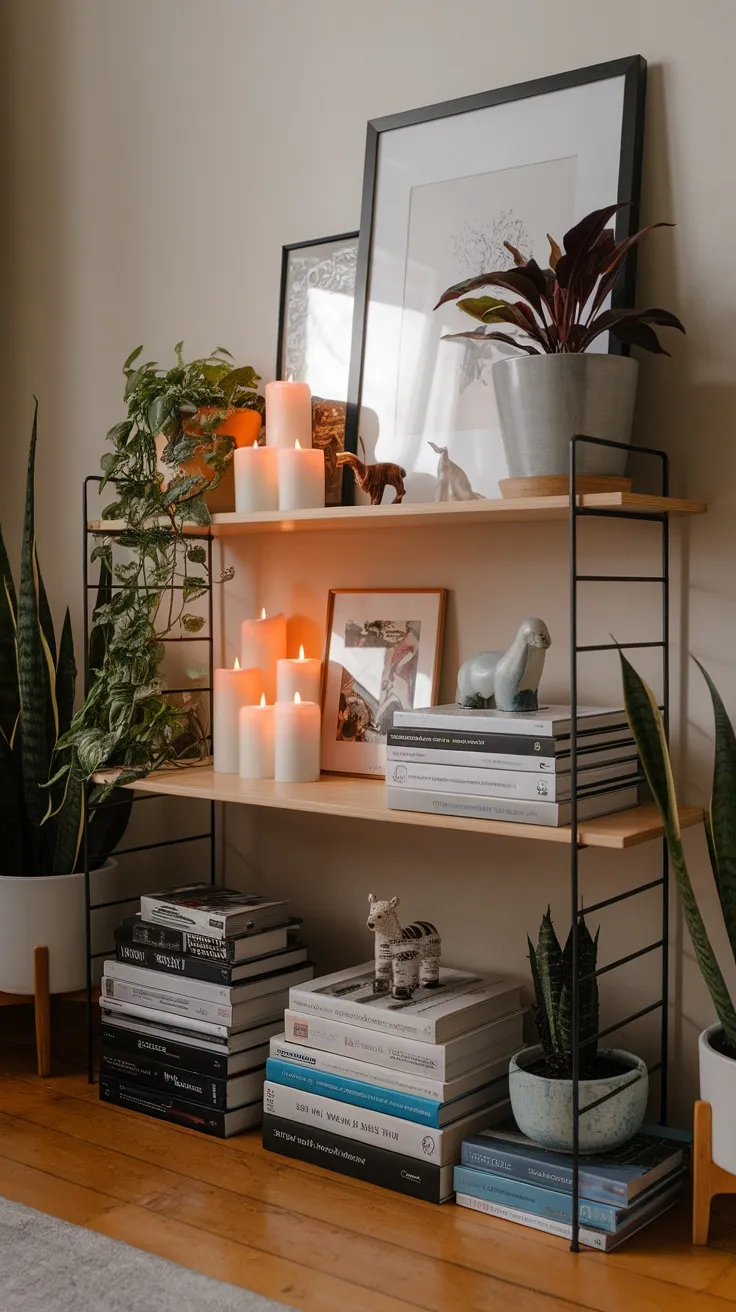 Mixing in decorative accents can really jazz up your plant shelves. Try adding candles, figurines, or some stylish books to create a fun vibe. These little touches add personality and make your space feel warm and inviting.