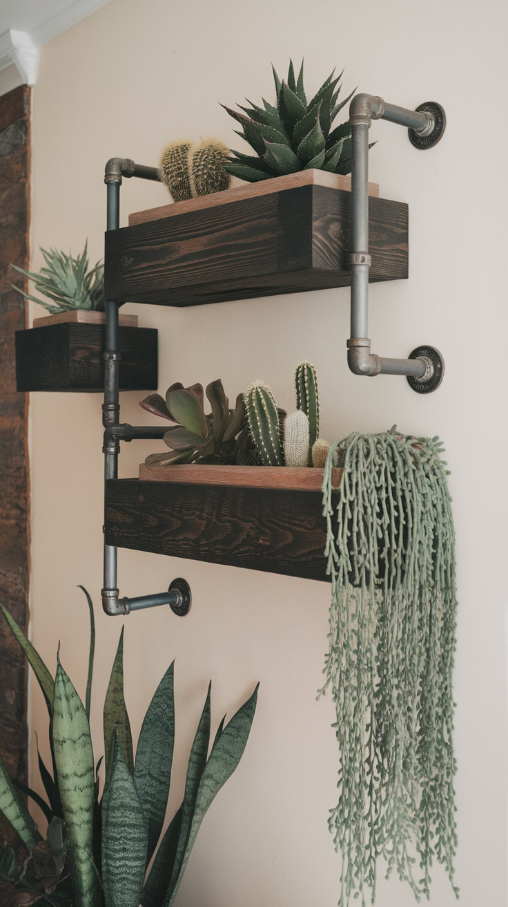 What It Is: Metal pipe shelving paired with dark-stained wood and rugged planters. Use plants like succulents or cacti for a low-maintenance, modern look.