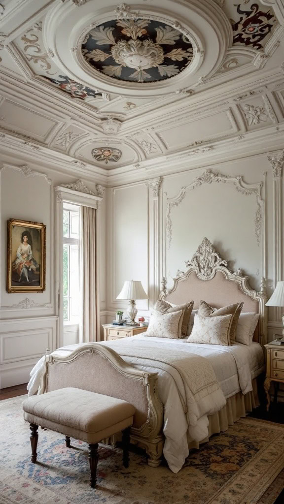 Don’t forget to look up! Intricate moldings and ceiling designs are a hallmark of Rococo style, adding depth and detail to your space.