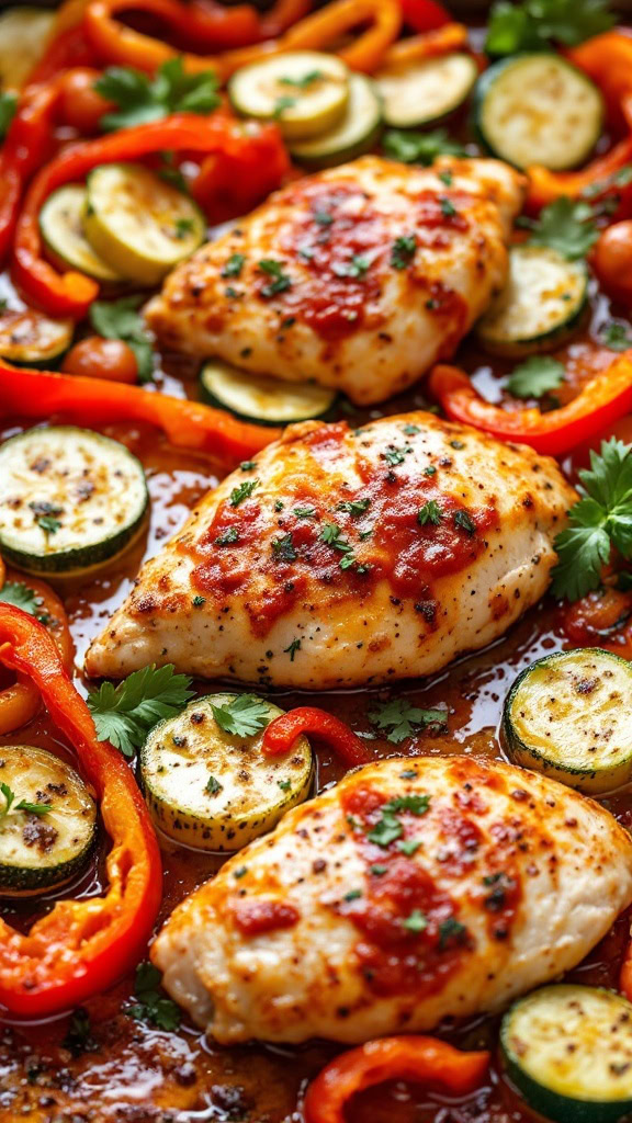 This Italian chicken dish is super easy to whip up on a busy night. Just toss some chicken breasts, zucchini, and bell peppers on a sheet pan, drizzle with olive oil and seasoning, and bake. In no time, you’ll have a delicious meal that’s fresh and satisfying!