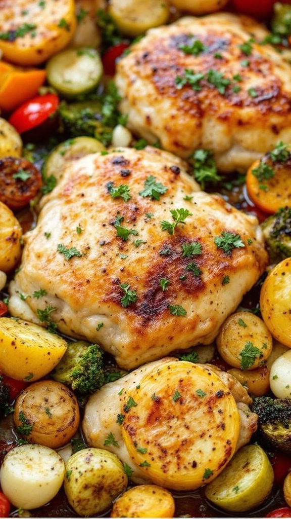 Italian sheet pan chicken thighs are a simple, tasty dinner option. The chicken is juicy, and the roasted veggies add a colorful touch to your plate. 