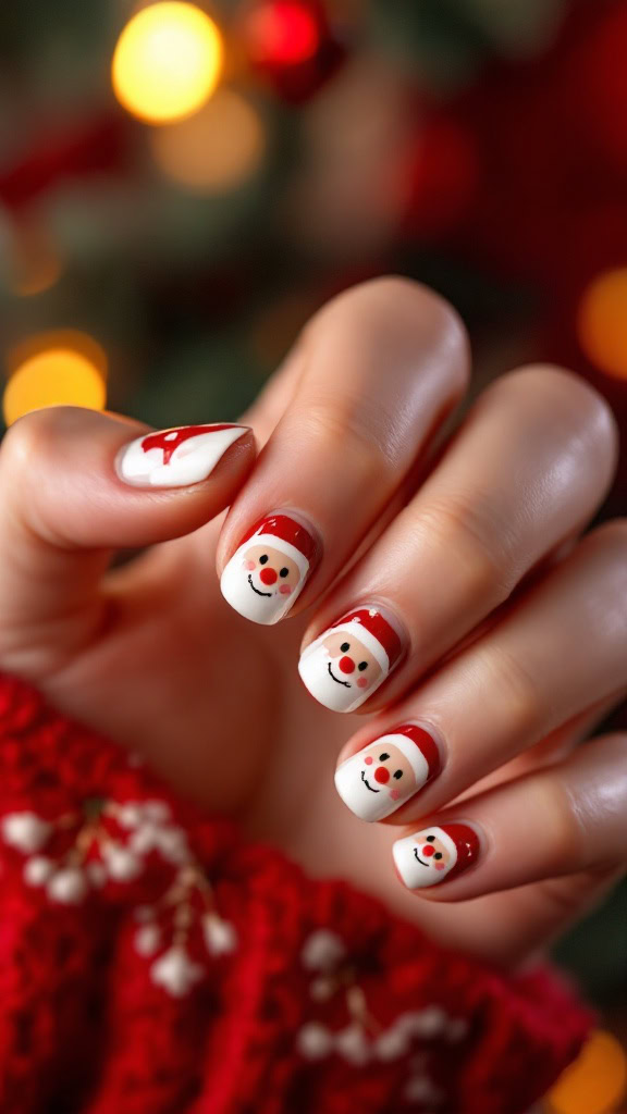 This delightful nail design features cheerful Santa Claus faces, complete with red hats and beaming smiles. Each nail is painted with a mix of red and white, creating a festive backdrop for Santa’s iconic look. Some nails sport the classic Santa face, while others feature bold red tips for a modern twist.