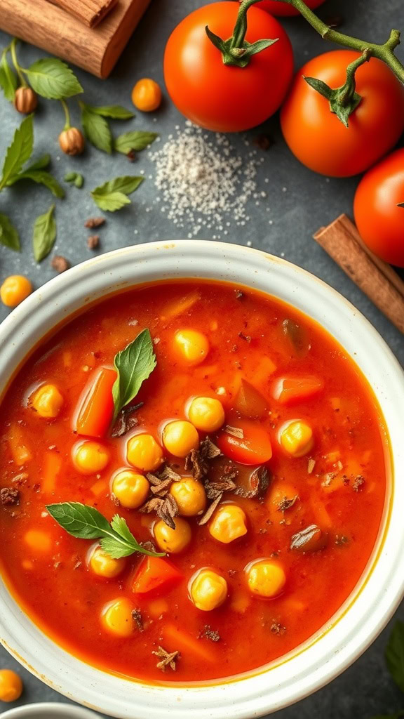 A bowl of Moroccan tomato soup with chickpeas and spices, surrounded by fresh tomatoes and herbs.