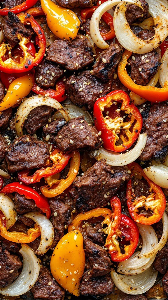 These Korean BBQ beef fajitas are a hit when you're in a rush. Just toss the marinated beef with colorful peppers and onions on a sheet pan, and roast until everything is perfectly cooked. Serve them up in tortillas for a quick and tasty meal!