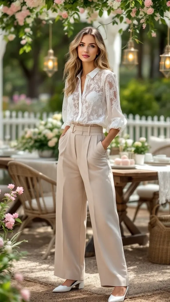 A lace blouse paired with wide-leg trousers is a stylish choice for Easter and beyond. This look feels fresh and light, perfect for those sunny spring days. Plus, it's easy to dress up or down depending on the occasion!