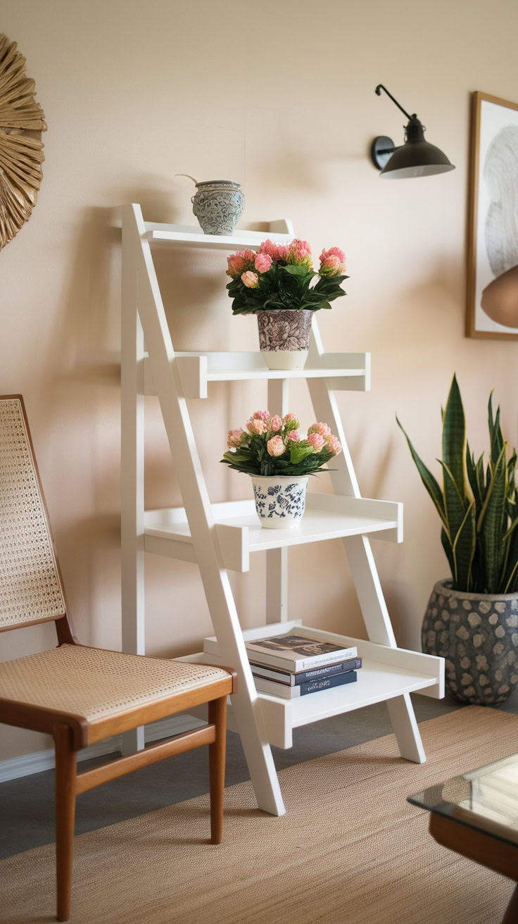 A ladder shelf is a fun way to display your favorite plants. Choose pots with colorful blooms to brighten up your living room. This setup not only saves space but also creates a lively focal point.