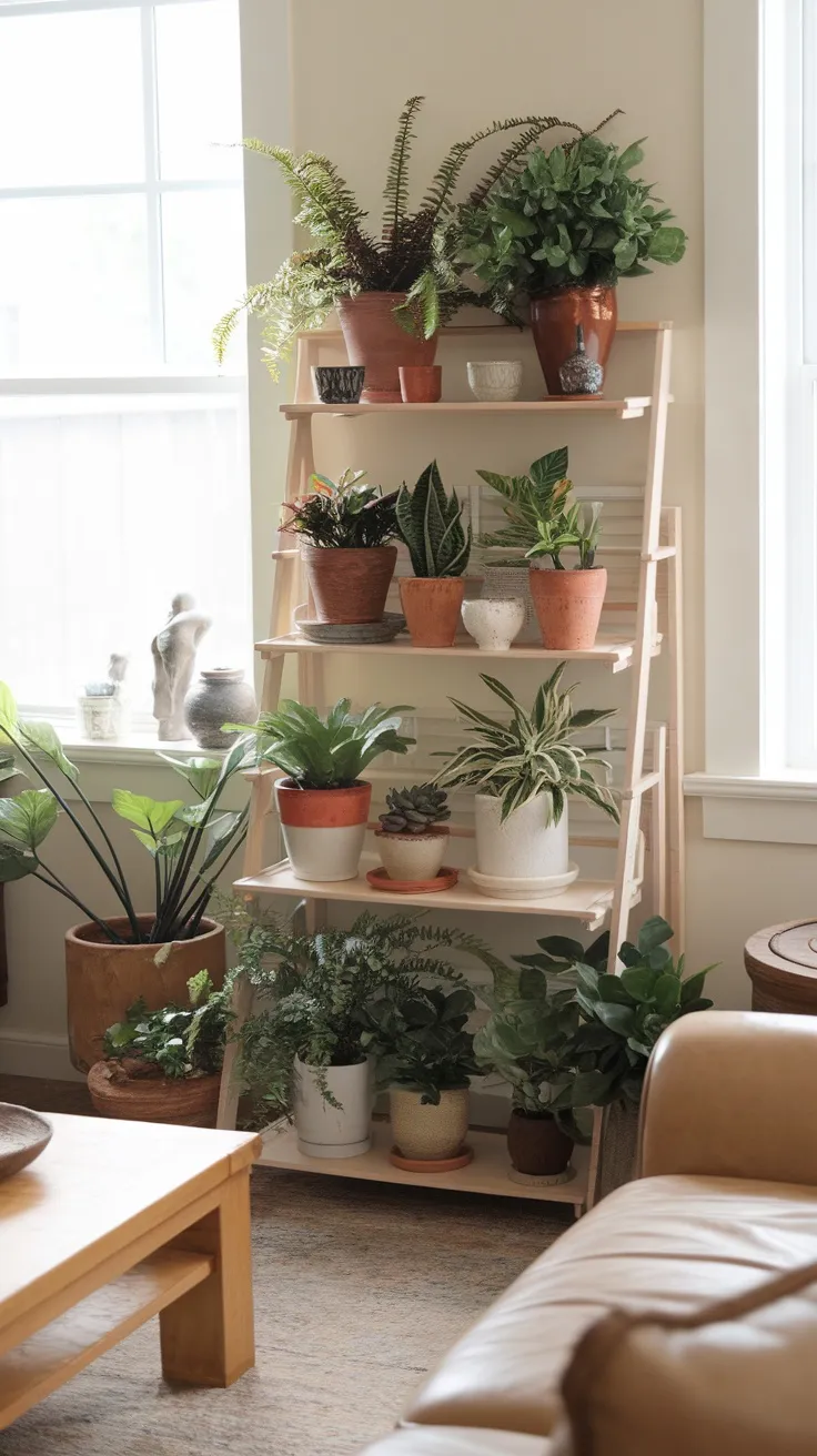 Ladder shelves are a fun way to display your plants and add some character to your living room. They take up minimal space but offer various levels to showcase different plants, making them a stylish choice. Plus, the open design allows sunlight to reach your plants, helping them thrive!