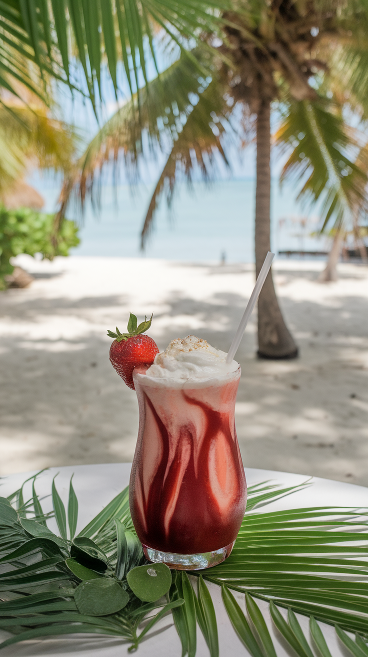 A refreshing Lava Flow cocktail with a strawberry swirl, served in a tall glass with a garnish