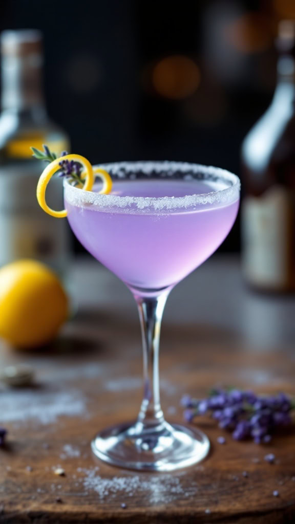 A lavender lemon drop martini with a lemon twist and lavender garnish.