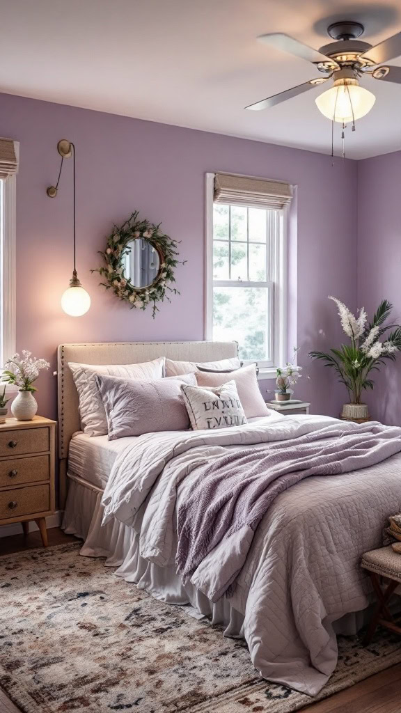 Lavender walls can bring a calming vibe to any room. This soft color works well with cozy bedding and natural elements, making your space feel inviting. It’s a simple way to create a relaxing retreat at home.