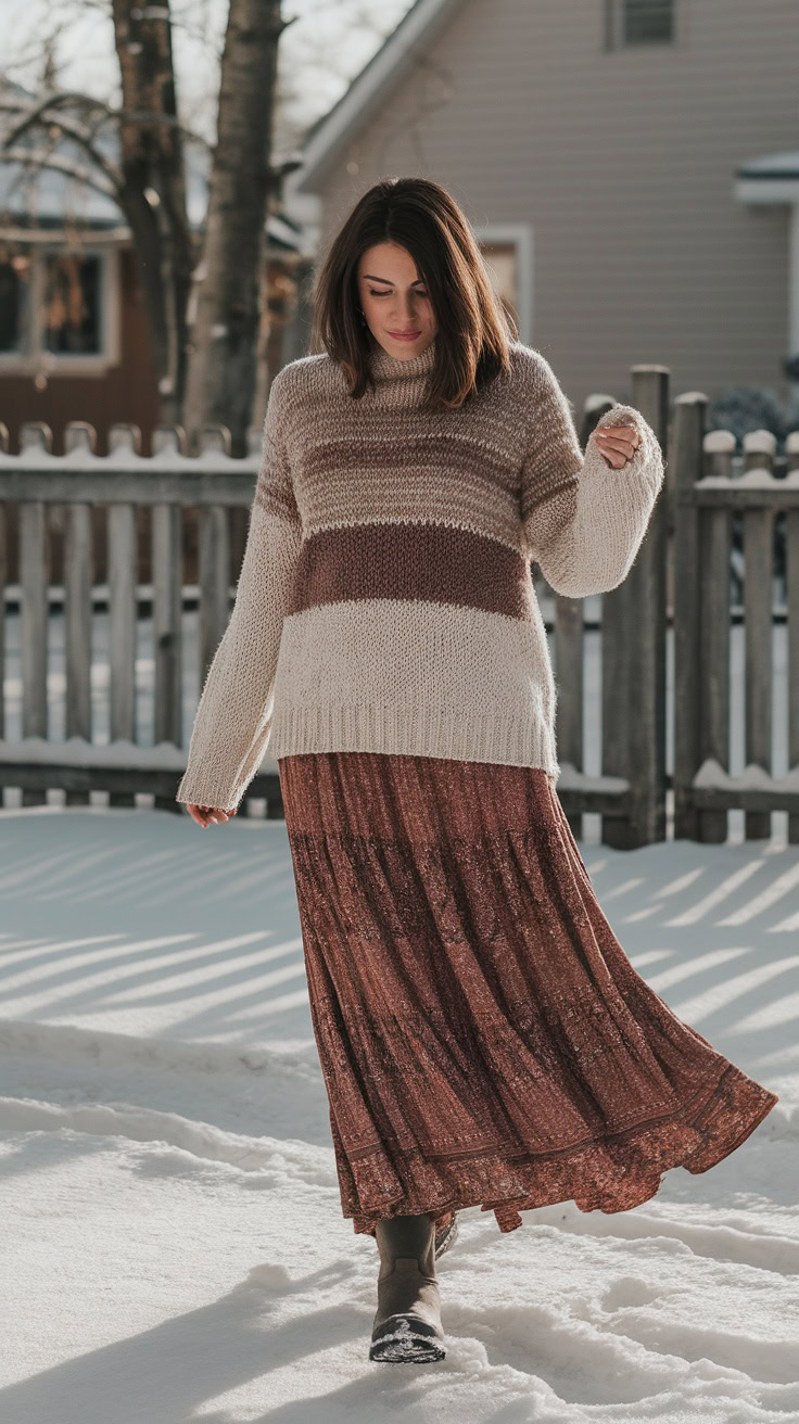 Layering knit sweaters with flowing skirts is a cozy way to rock winter boho style. The soft textures and loose fits create a comfortable vibe that feels stylish and effortless. Pairing a chunky sweater with a long, patterned skirt brings warmth and whimsy to chilly days.