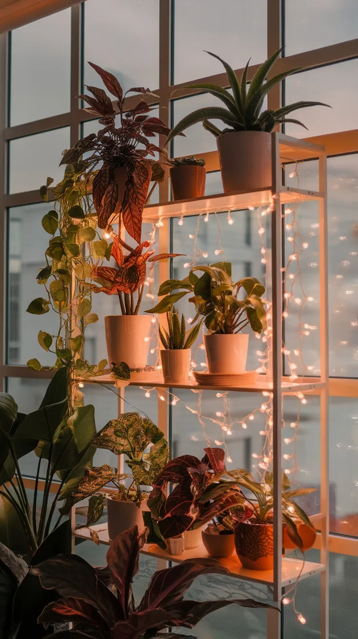 Layered lighting brings life to your plant shelf. Use overhead lights for general brightness, along with accent lights to highlight specific plants. Adding fairy lights can create a cozy vibe, making your green friends stand out even more.