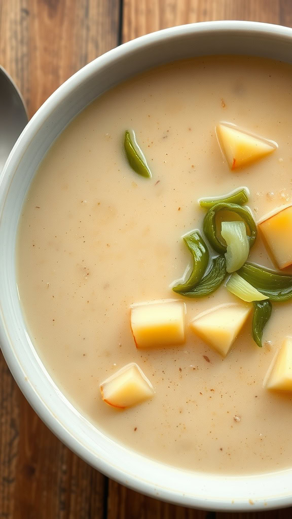 A bowl of creamy leek and potato soup garnished with green onions and served on a wooden table.