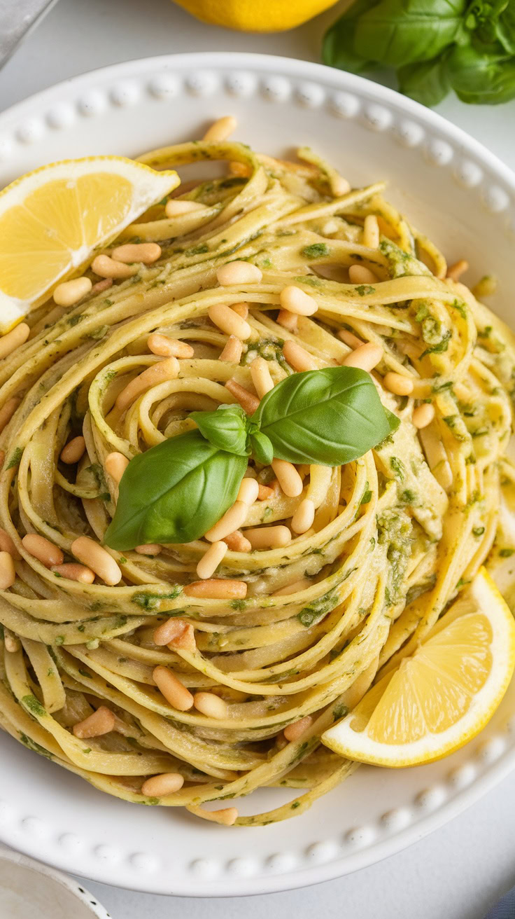 Lemon Basil Pesto Linguine is a refreshing dish that brings together vibrant flavors. The zesty lemon and fragrant basil create a perfect harmony in every bite. Top it with pine nuts for an added crunch and enjoy a simple yet delightful meal.