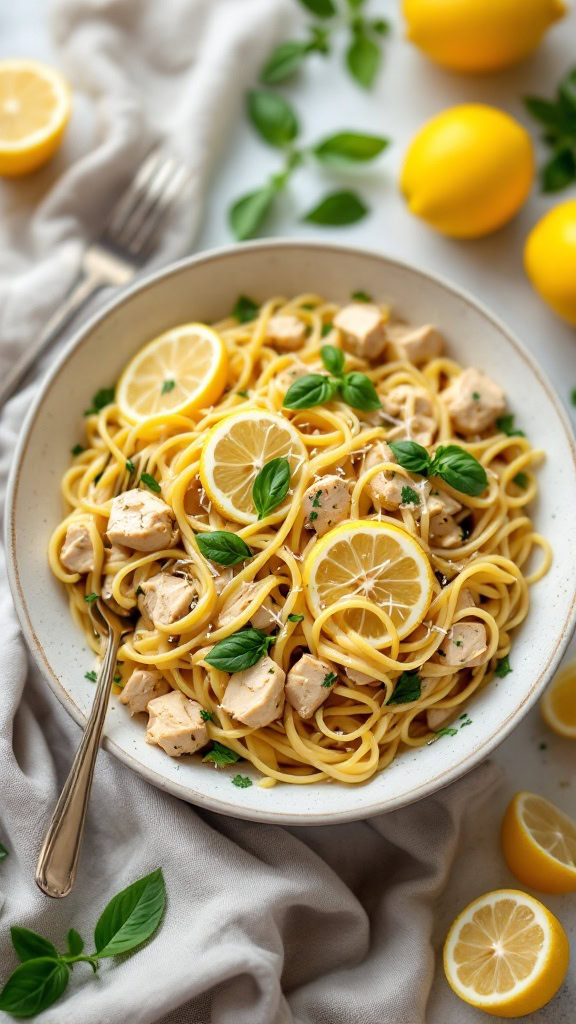 A bowl of lemon butter chicken pasta garnished with lemon slices and fresh basil.