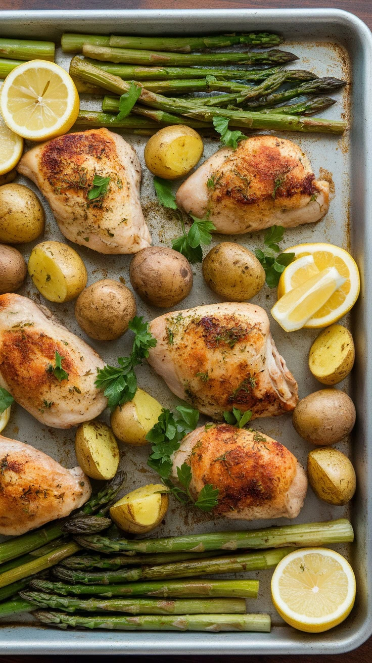 This Lemon Chicken Tray Bake is a winner for busy weeknights! With juicy chicken, tender potatoes, and vibrant asparagus, it’s as simple as tossing everything on a sheet pan and letting the oven do the work. For the full recipe, check out this link and enjoy a hassle-free dinner that’s packed with flavor!