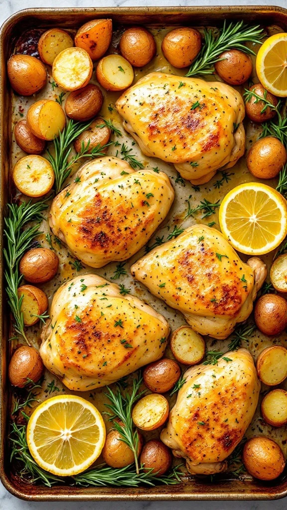 Lemon herb chicken and potatoes are a perfect combo for an easy weeknight dinner. The zesty lemon adds a fresh kick to the juicy chicken, while the roasted potatoes soak up all that delicious flavor. Toss in some herbs, and you've got a meal that's both simple and satisfying!