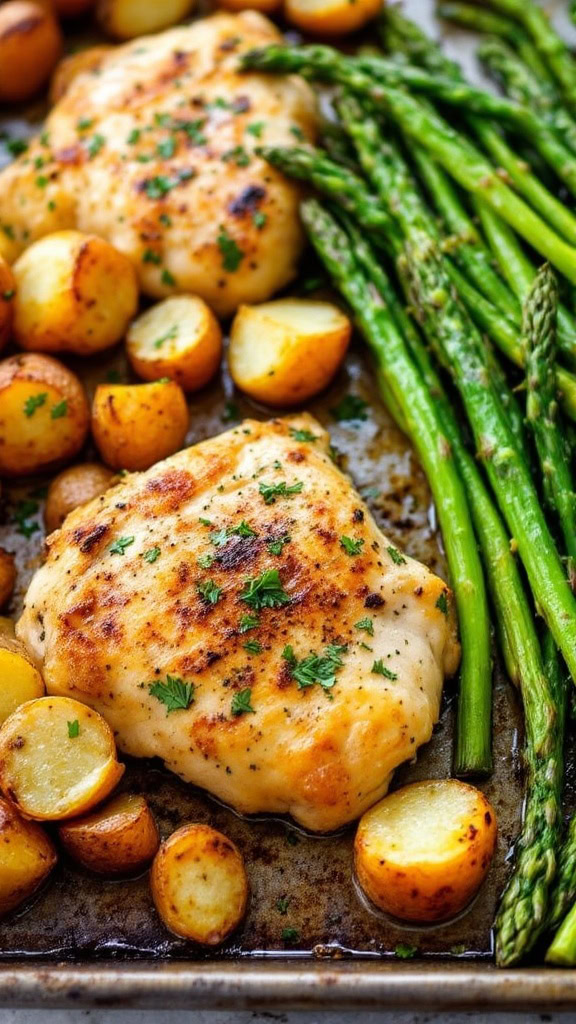 Sheet pan with lemon herb chicken thighs, asparagus, and potatoes