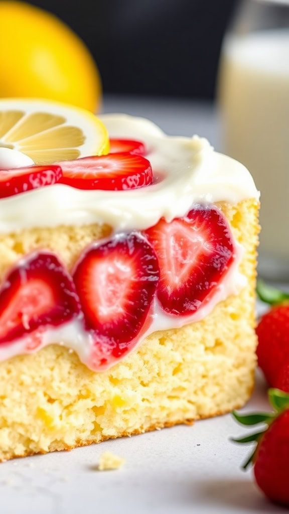 Lemon Strawberry Poke Cake is a delightful treat perfect for any occasion. The soft lemon cake soaked in tangy lemon juice is topped with fresh strawberries and creamy frosting. You can find the full recipe for this refreshing cake here!