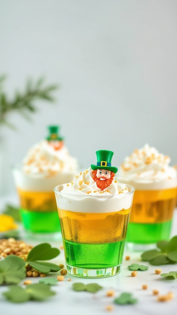 Colorful Leprechaun Jello Cups with whipped cream and decorations.