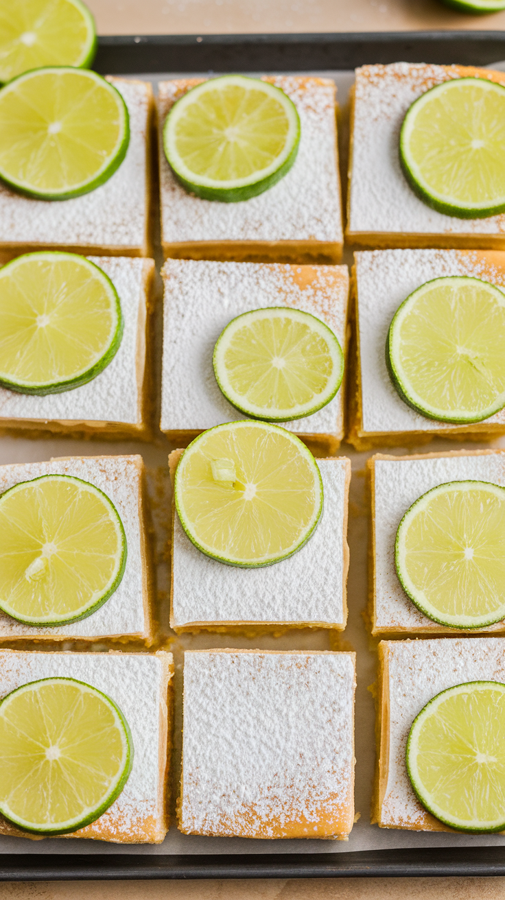 A tray of Lime Margarita Bars topped with fresh lime slices and powdered sugar.